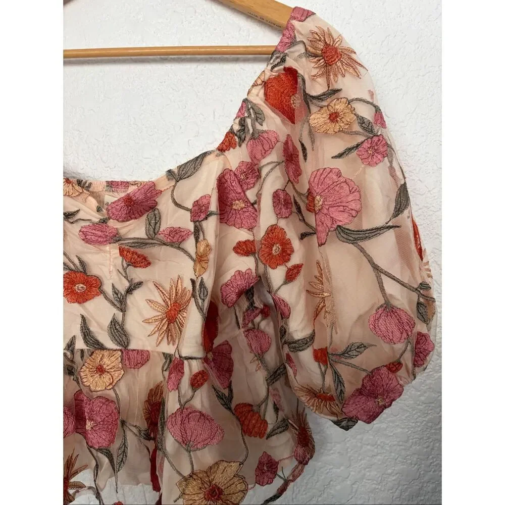 Saltwater Luxe Floral Embroidered Cropped Peplum Top in Beige Multi Size L